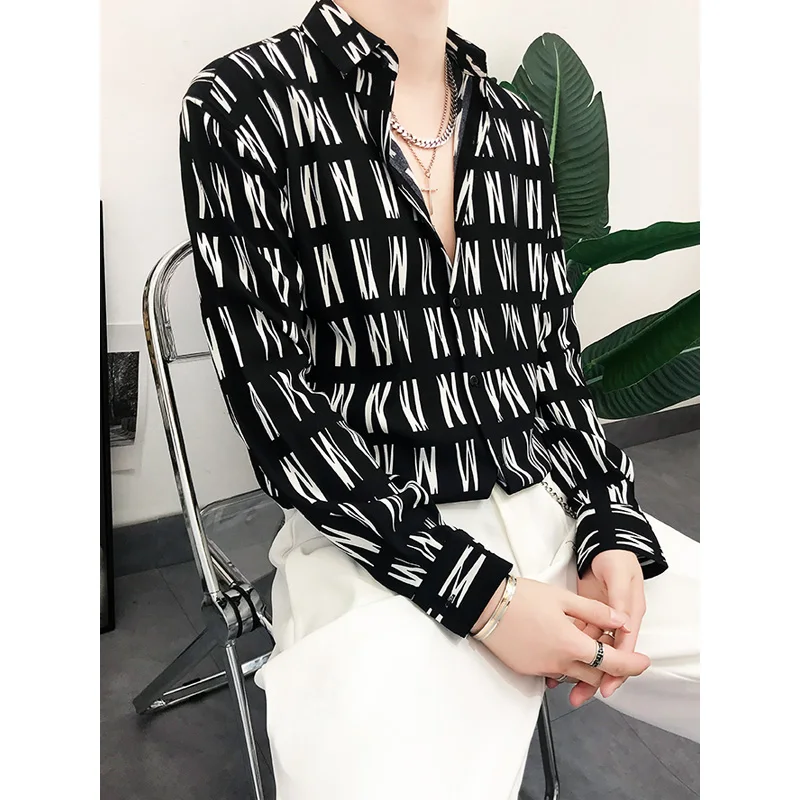 

Casual Long Sve Loose Men's irt Spring Autumn Trendy Hairst Print Faionable Urban Sle Daily Wear Iron-Free