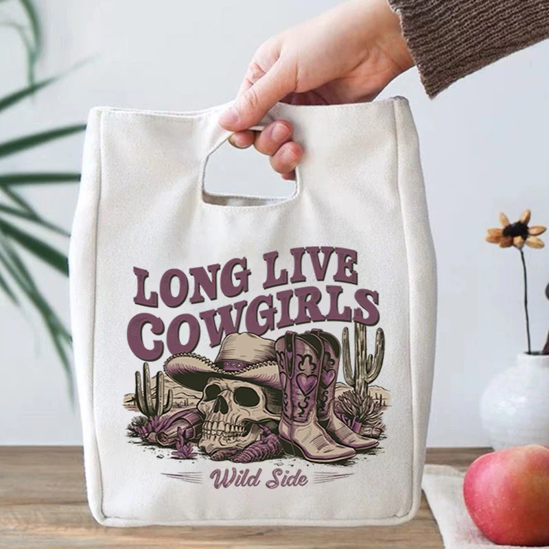 Vintage Western Cowgirl Long Live Canvas Lunch Bag Skeleton Cactus Cool Cowgirl Trendy Lunch Picnic Food Bag Portable Lunch Bags