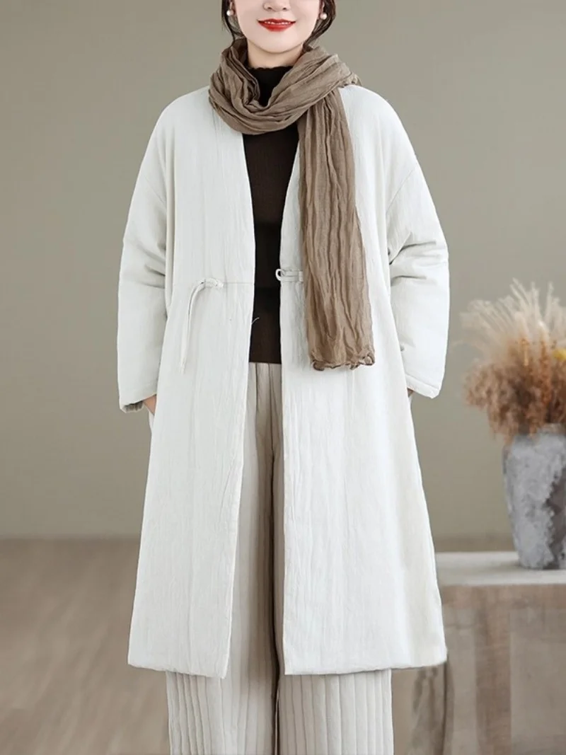 

Новинка 2025 года, плотная хлопковая куртка средней длины с v-образным вырезом в китайском стиле и пряжкой в стиле ретро, женская стеганая ветровка, свободное пальто, верхняя одежда w1254