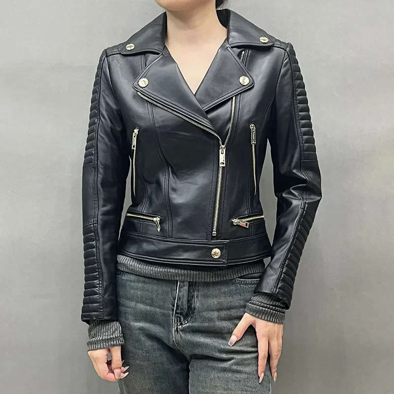 Autumn Fashion Women\'s Genuine Leather Jackets High Quality Long Sleeve Streetwear Zipper Belt Biker Coat FG5982