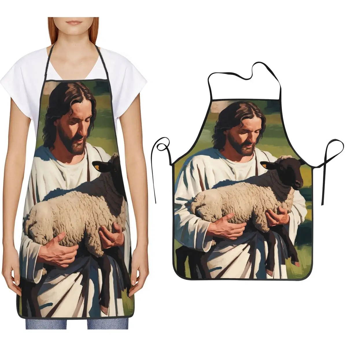 

A Timeless Art Of Jesus Rescues Lamb Aprons Chef Cooking Baking Tablier Bib Kitchen Cleaning Pinafore for Women Men Gardening