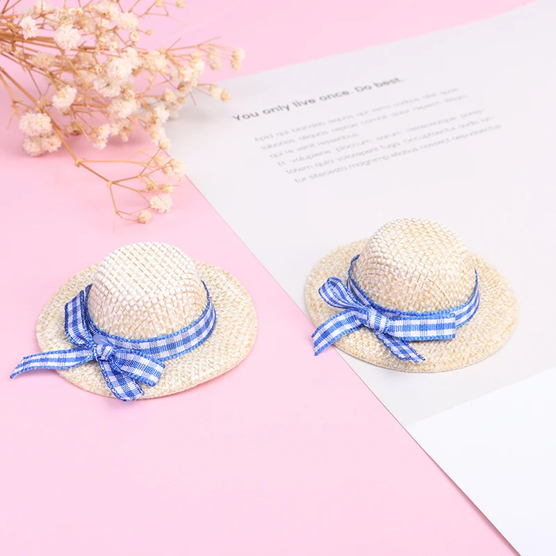 

Cute Woven Doll Straw Hat With Bow Decor Flocking Design 3Cm Inner Diameter 6Cm Outer For Playhouse Accessories