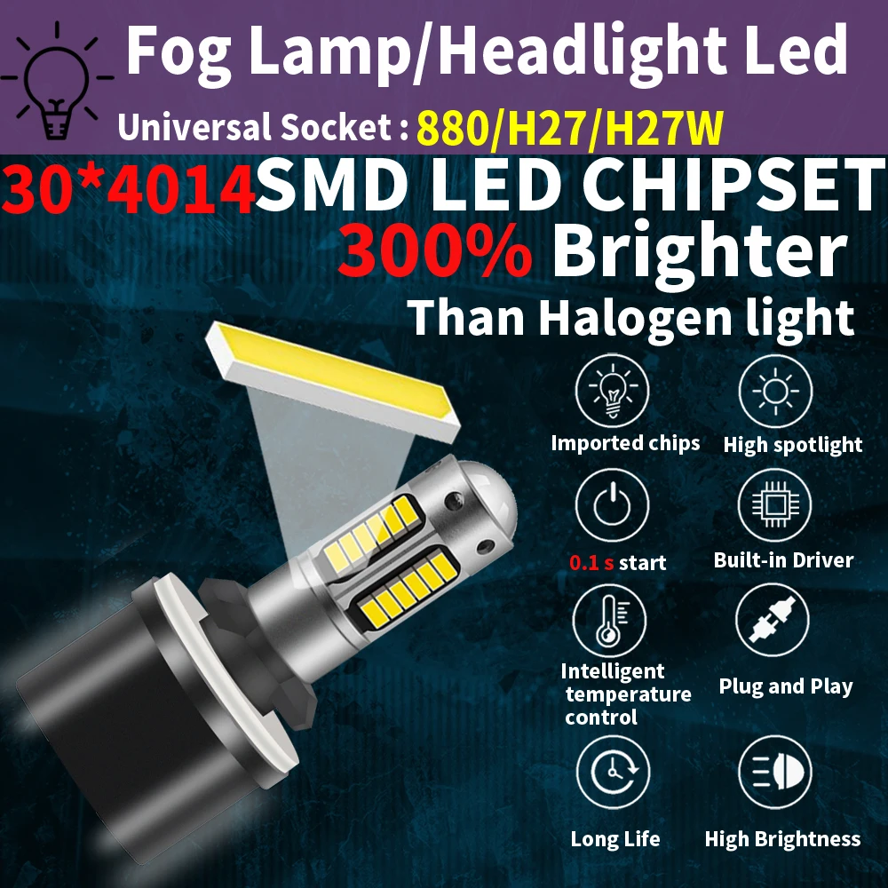 2pcs H27W/1 12V H27W1 880 H27 PG13 Led Moto Fog Lamp White 6000K Headlight Canbus Light No Adapter Required Car Turbo Diode Bulb