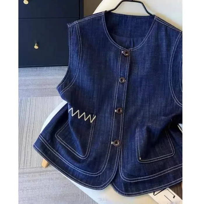 Trendy Relaxed Fit Vintage Grey White Denim Vest Women's Spring Autumn Stitched Pocket Blouse Short Outerwear