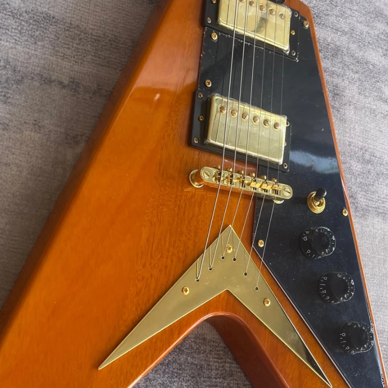 Gloss Natural Orange V Shape Solid Electric Guitar Mahogany Body Black Pickguard Gold V Decoration Hardware Free Shipping