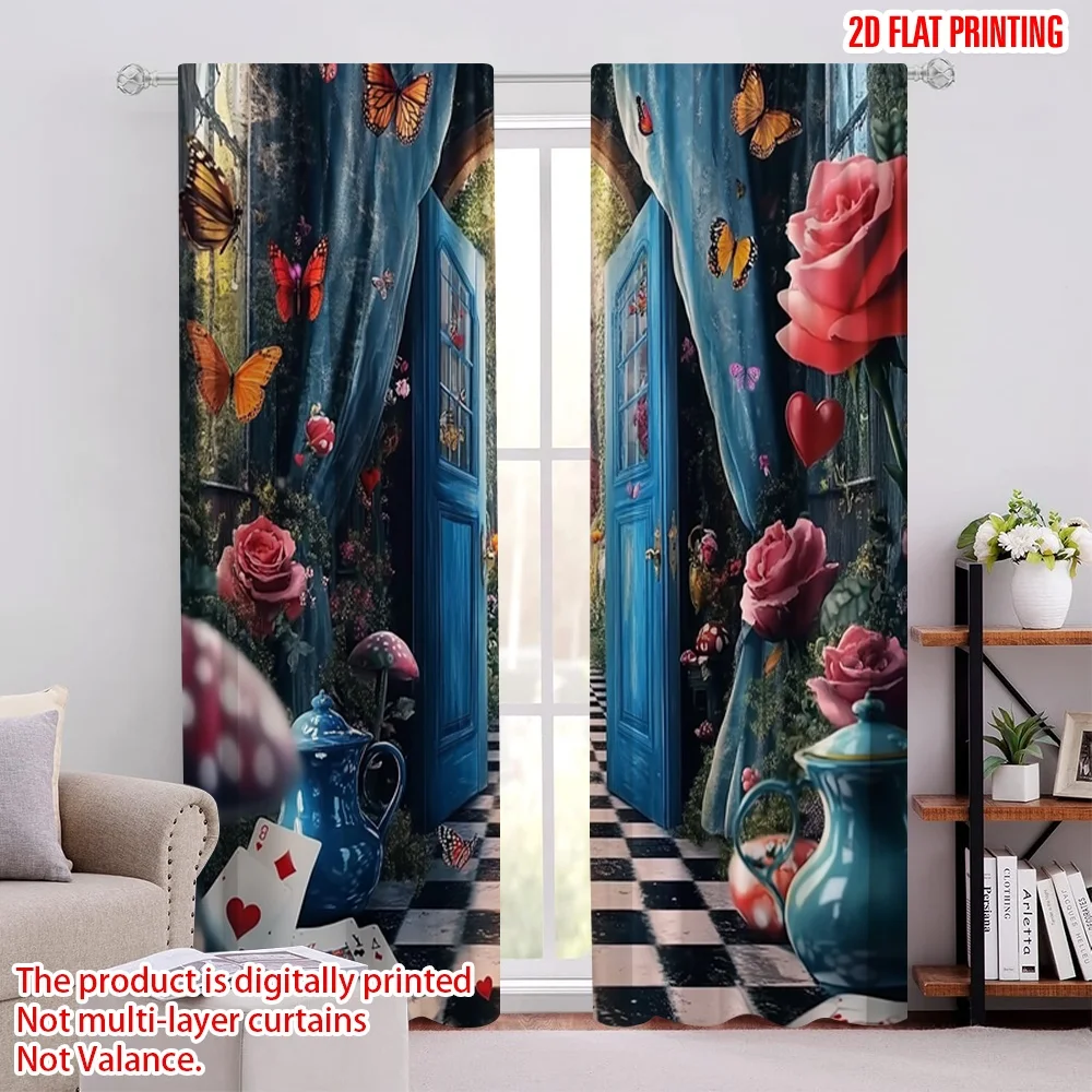 2 Stück 2D-Flachdruck-Vorhang, blaue Tür und Schmetterling (2), digital bedruckte Polyester-Vorhänge, Partydekorationen, Verwendung für Schlafzimmer