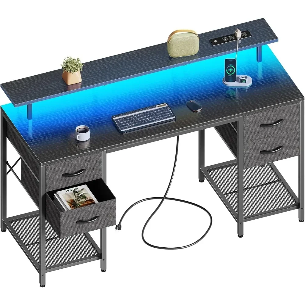 55 inch Computer Desk with 4 Drawers, Gaming Desk with LED Lights & Power Outlets, Home Office Desk with Large Storage Space