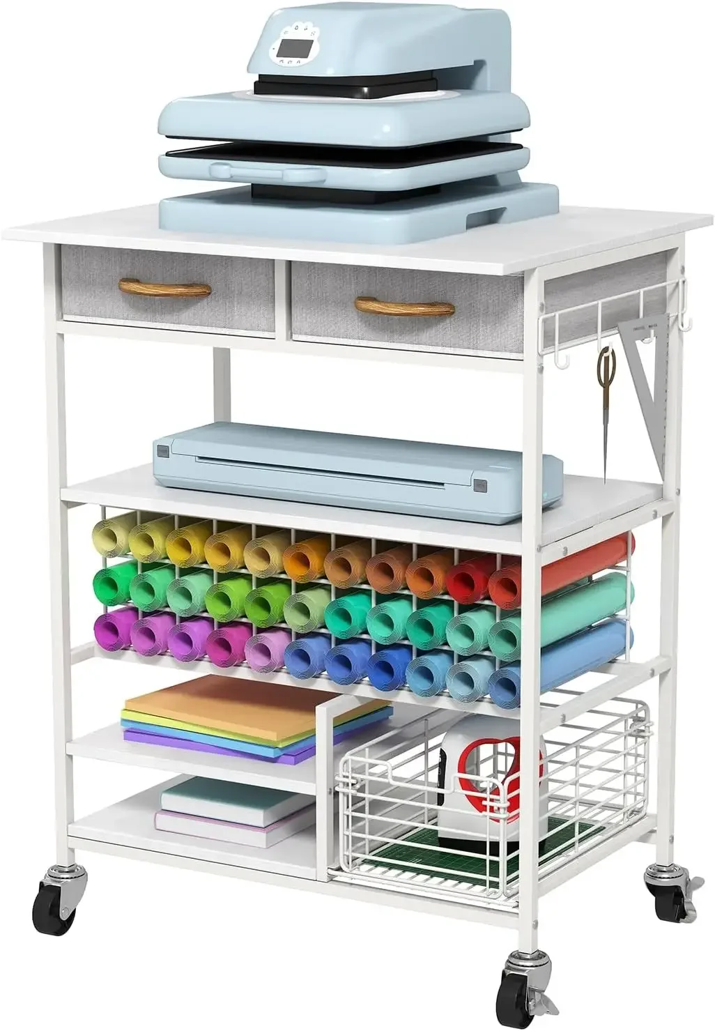 All-in-One Heat Press Table - 6-Tier Mobile Craft Cart with Storage Basket & Hooks, Vinyl Roll Holder, Compatible for Cricut, Su