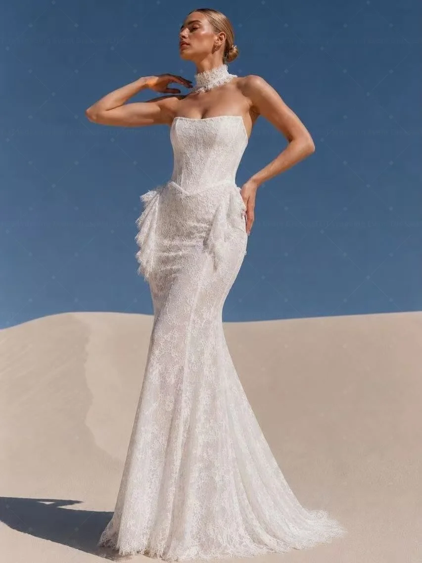 TLIT Customized Ivory Sweetheart Collar Lace Mermaid Wedding Dress Floor-Length With Sweep Train Bridal Photo Shoot Gown