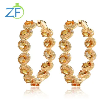 GZ ZONGFA Genuine 925 Sterling Silver Big Hoop Earrings for Women Natural Citrine Gemstone Earrings 14K Gold Plated Fine Jewelry