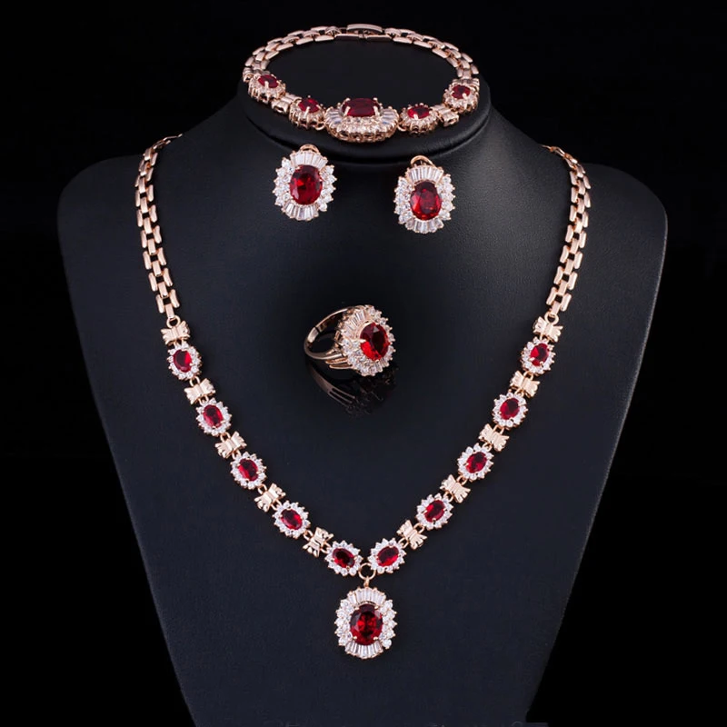 

ThreeGraces Nigerian Women Red Cubic Zirconia Crystal Earing And Necklace Bracelets Ring Gold Color Wedding Jewelry Set JS167