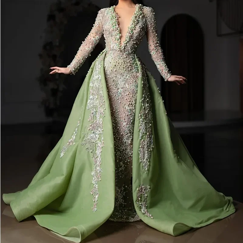 

Изысканные бусины с v-образным вырезом и длинными рукавами, съемные вечерние платья русалки, платья для дня рождения, выпускного вечера по индивидуальному заказу