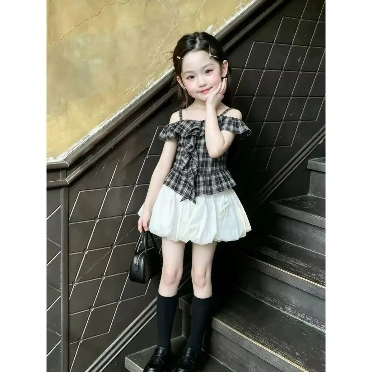 Girls' Summer Set New Children's Sweet Cool Style Pattern Lotus Leaf Collar Strap Top+Flower Bud Skirt 2-piece Set