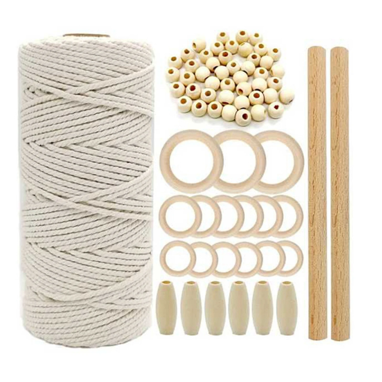 

1 set Macrame Cord Natural Cotton Rope With Wood Ring Wood Stick For DIY Teether Macrame Kit Wall Hanging Plant Hanger