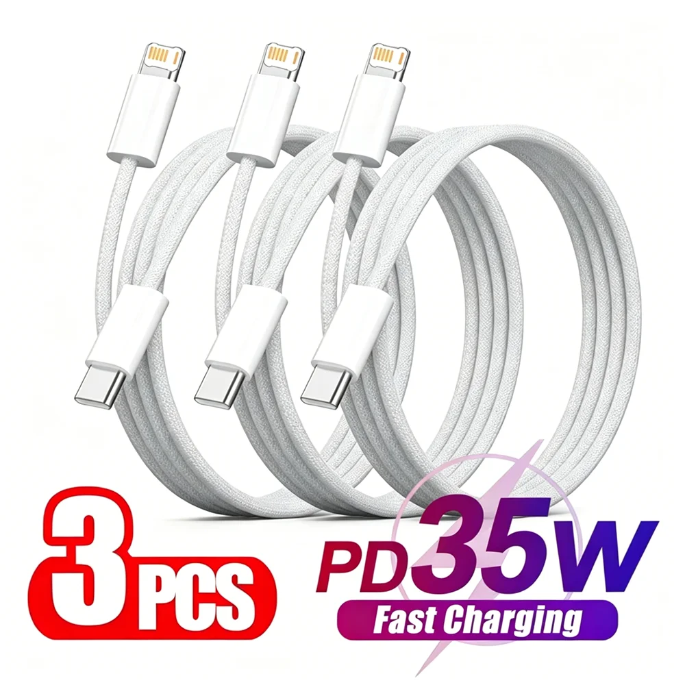 3PCS 35W PD Fast Charging Braided Cable For iPhone 11 12 13 Mini 14 Pro Max X XR XS Max 8 14 Plus Rapid Charge USB C Data Cables