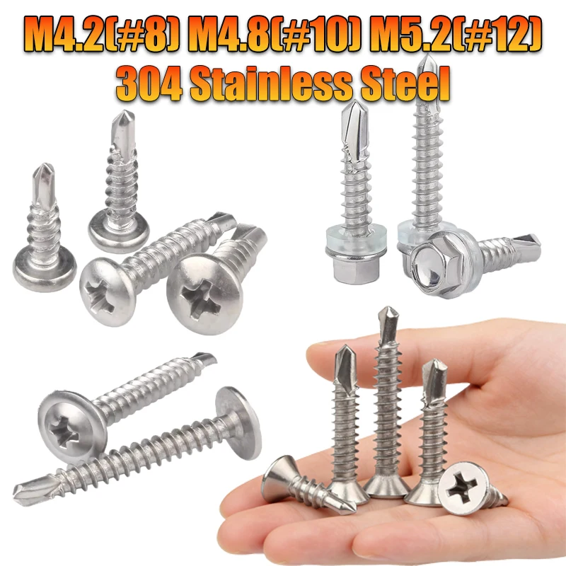 

#8~#12 M4.2 M4.8 M5.2 Self Drilling Screws Kit, 304 Stainless Steel Self Tapping Sheet Metal Tek Screw Quick Self-Drilling Screw