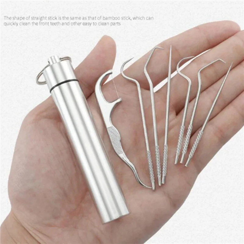 HIM-3X набор металлических зубочисток с нитью, многоразовые зубочистки, портативная зубочистка, нить для чистки зубов, инструменты для ухода за полостью рта, A