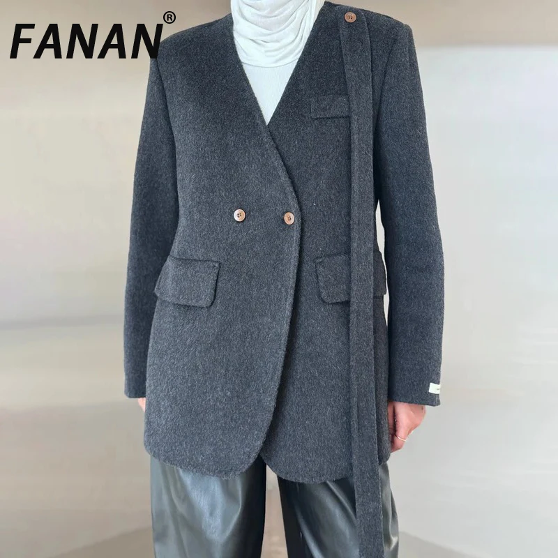 

FANAN Elegant Ribbon Design Woolen Coats For Women V Neck Double Breasted Office Lady Warm Jackets Fashion Clothing Winter New