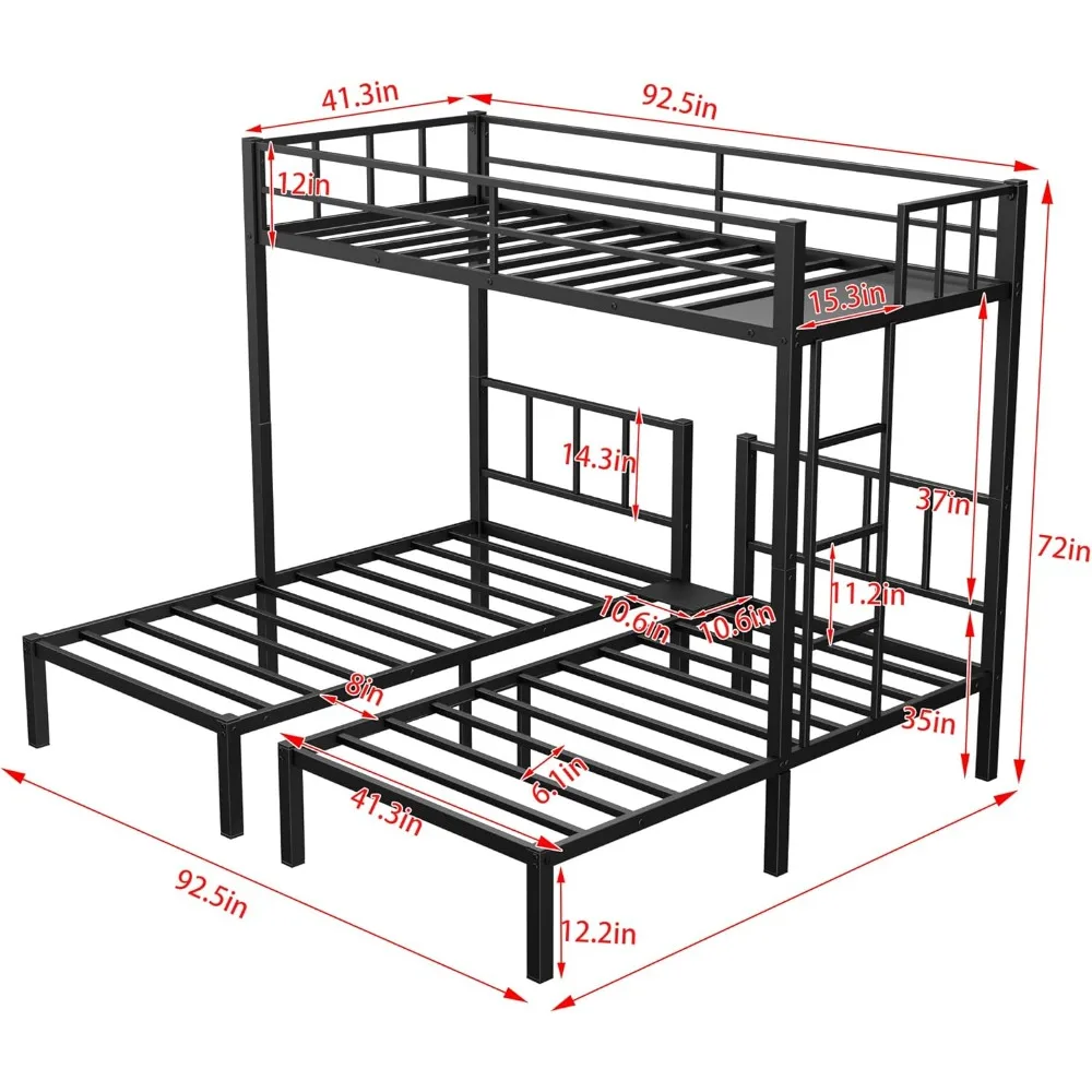 Triple Bunk Beds for 3,Metal Bunk Bed Twin Over Twin & Twin Size, Three Bed Bunk Beds for Kids, Teens,Can into 3 Twin Beds,Black