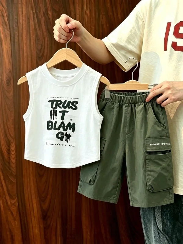 Conjunto de Colete Sem Mangas e Shorts para Meninos, Moda de Verão, Roupa de Trabalho Estilosa, Conjunto de Duas Peças para Crianças Grandes, Roupas C