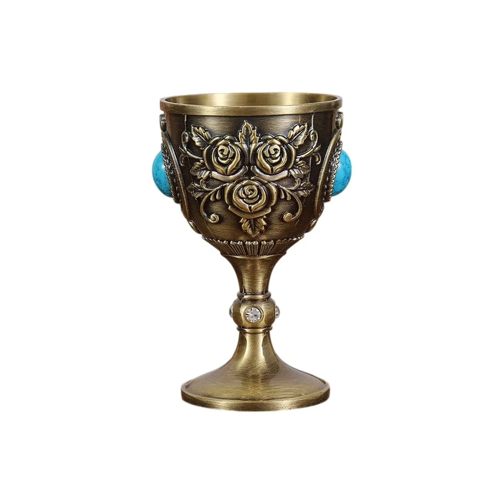 Flower Embossed Rose Chalice Goblet Zinc Alloy Rhinestone Synthetic Turquoise Wine Cup Decorative European Style