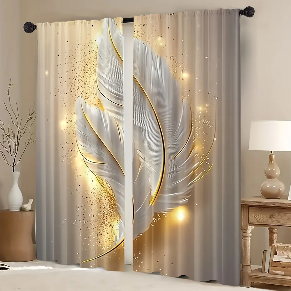 

2pcs Elegant Feather Print Curtains – Gold and White with Rod Pocket Design, Ideal for Living Room Bedroom Kitchen and Office