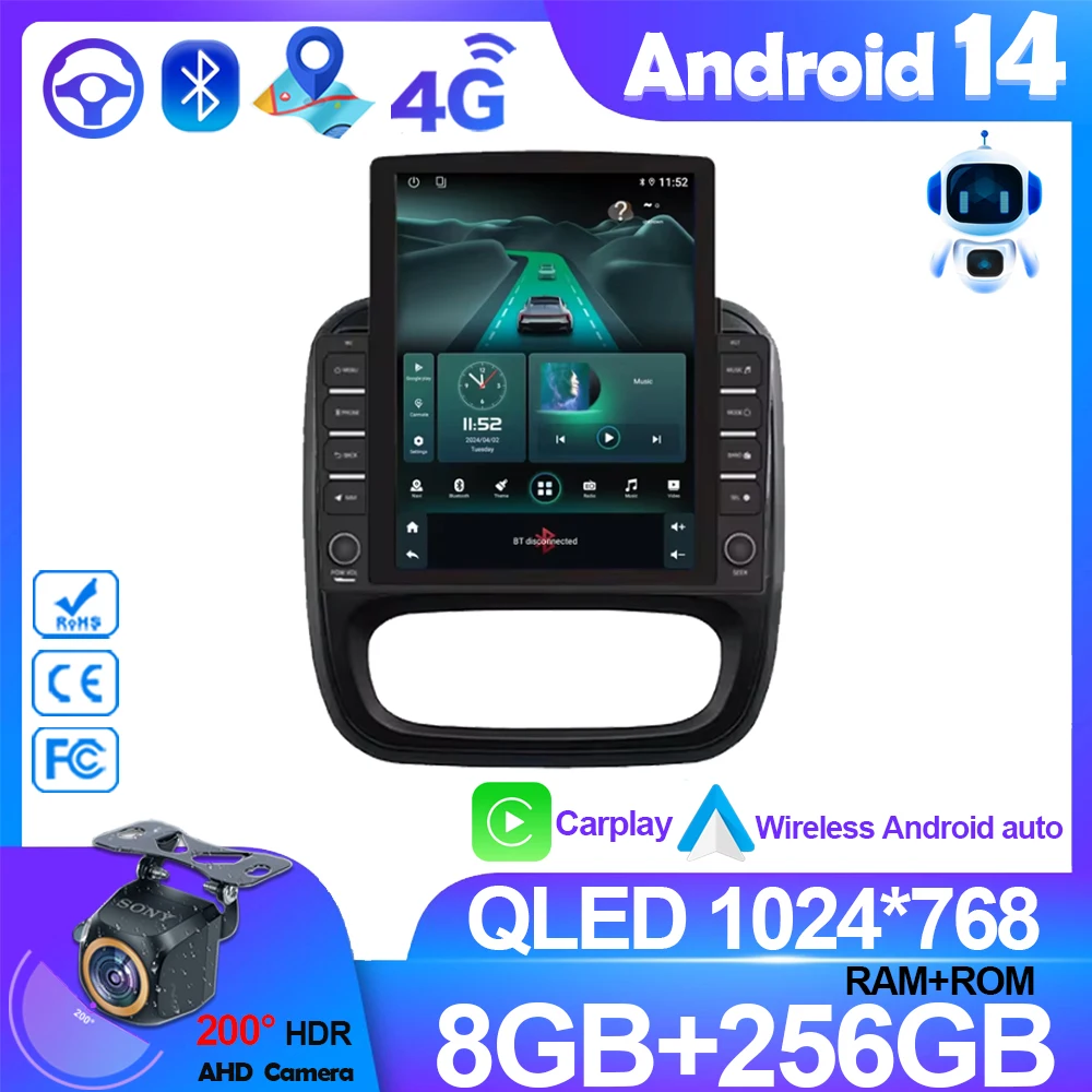 Para renault trafic 3 14-21 para opel vivaro b android 14 rádio estéreo do carro reprodutor multimídia unidade principal de navegação gps carplay