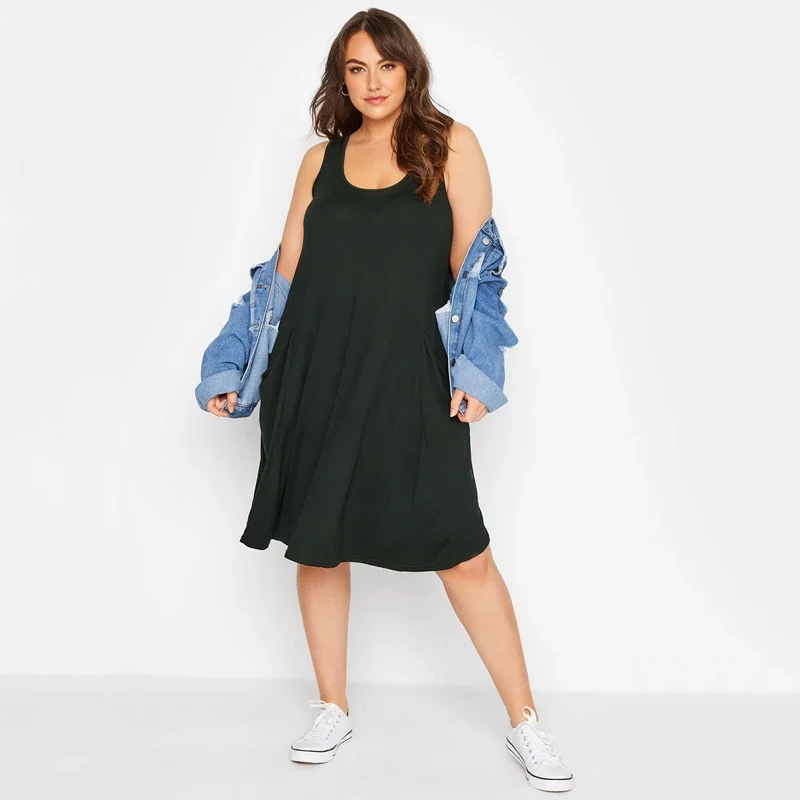 

Plus Size Sleeveless Summer Elegant Tank Dress Women Drape Pocket Loose Flare Swing Midi Dress Solid Black Casual Dress 7XL 8XL