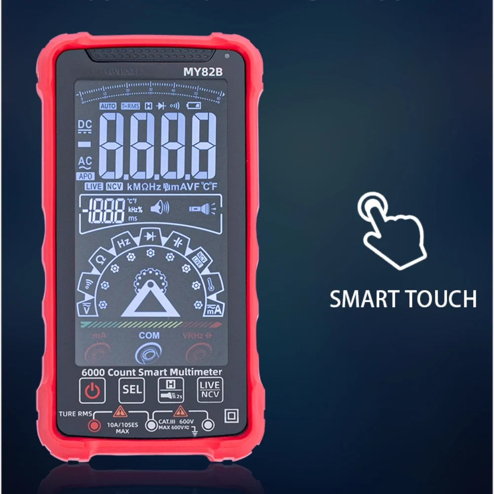 

MY82B Smart Touchscreen Multimeter With 6000 Count, USB Charging, NCV Digital Voltage, Ammeter, Ohmmeter, And Test Probe