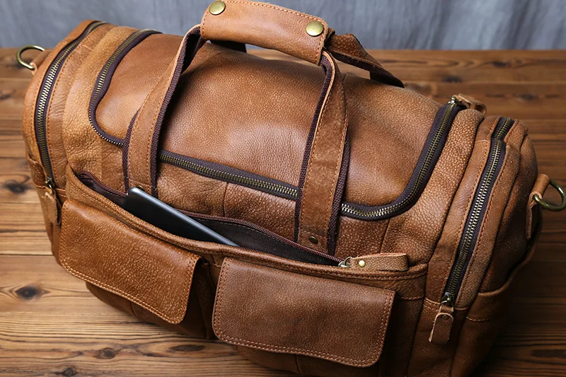 NZPJ Retro Herren Handgepäcktasche Leder Reisetasche Oberschicht Rindsleder Große Kapazität One Shoulder Messenger Bag Lässiger Laptop – Detail 11