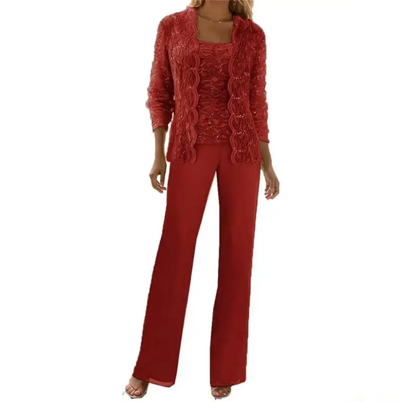 

31BF 3PC Mother Of The Bride Outfit Lace Embellished Top Trousers Set
