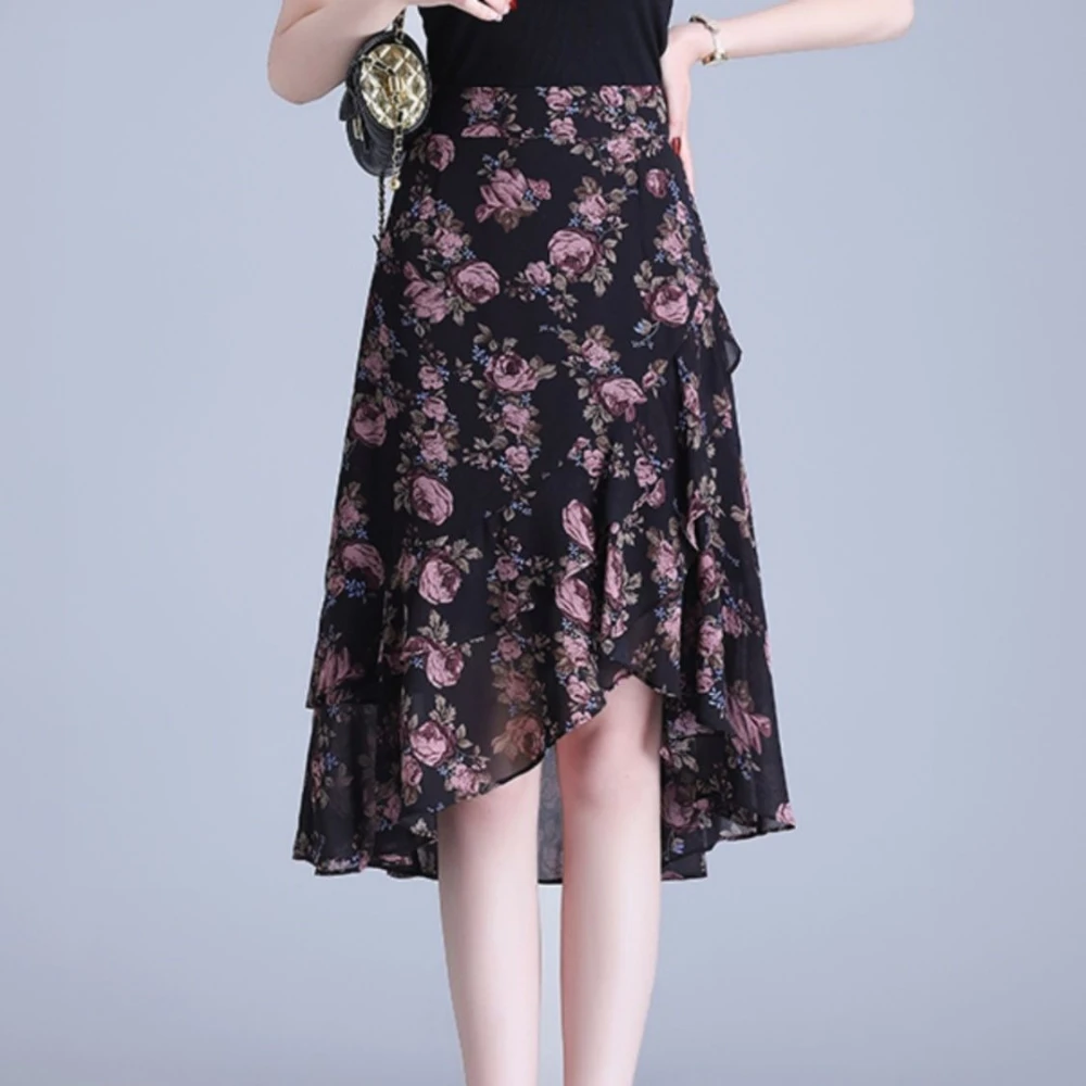 

Женская юбка миди с рюшами и цветочным принтом, черная винтажная женская юбка Y2k, корейский стиль, шикарная и элегантная модная трапециевидная юбка премиум-класса, роскошная V