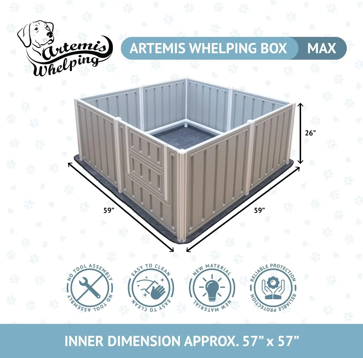 Box for Dogs and Puppies - Large Birthing Supplies - Plastic Panel for Puppy Safety-Washable Kit with Liner-Birth -Containment