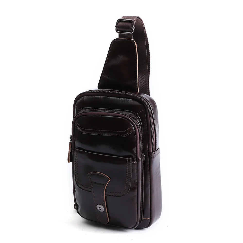 Bolso de pecho de cuero genuino para hombre, bolsa de mensajero cruzada duradera, bolsas de hombro informales, mochilas de día, paquete de pecho para hombre