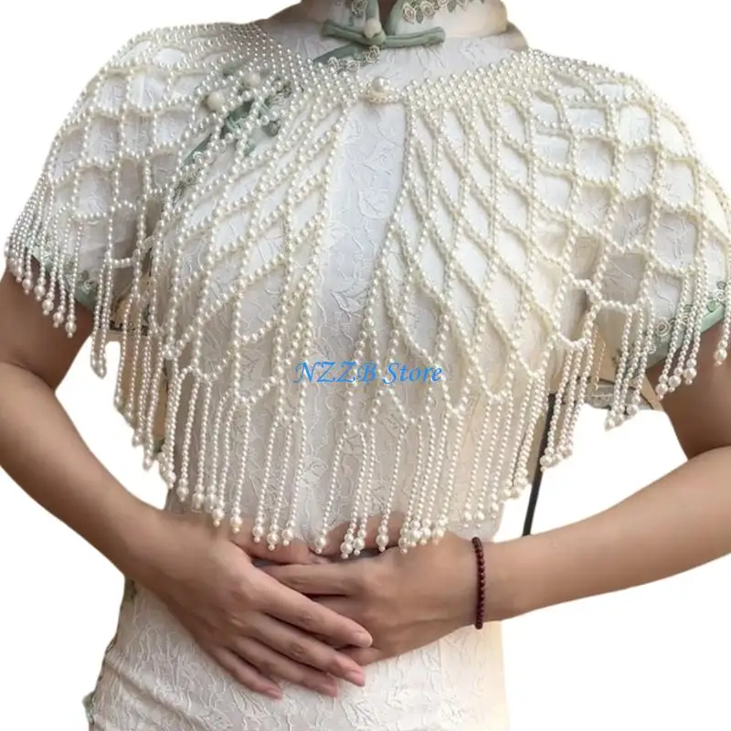 

T21F Crafted Pearls Detailing Multilayer Shawl For Women Special Occasion Bridal Party Accessories