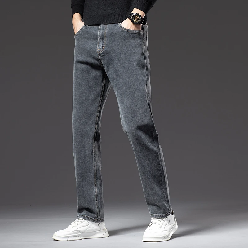 

Plus Size 40 42 44 New Autumn Men's Blue-grey Straight-leg Jeans Business Casual Cotton Stretch Denim Pants Male Brand
