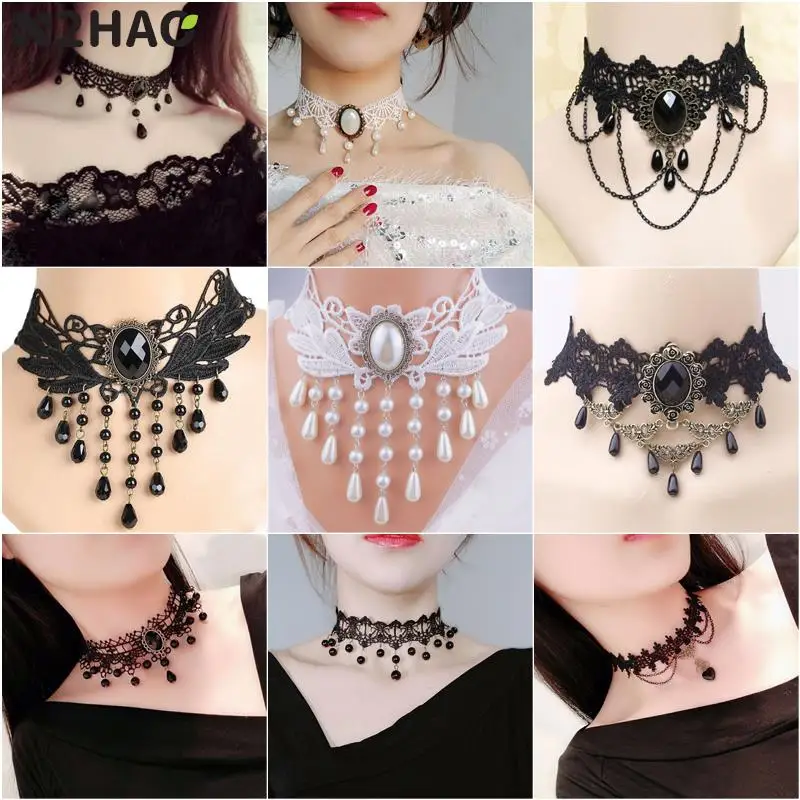 Gothic Victorian Black Lace Necklace Women Girl Boho Crystal Tassel Sexy Lace Choker Steampunk Dark Loli Style Halloween Jewelry