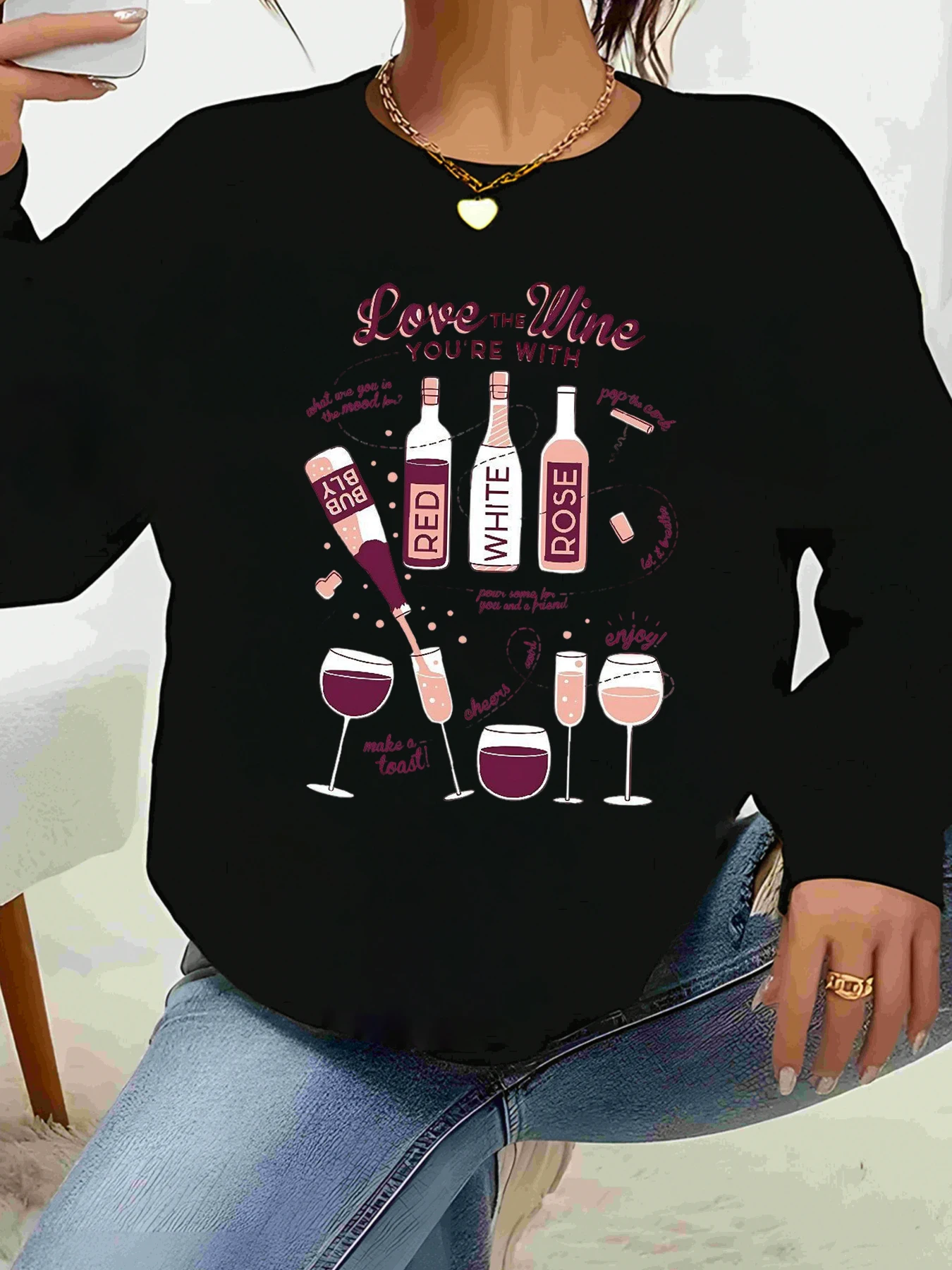 

Wine Lover Графический принт Топ с длинными рукавами Повседневная одежда ко Дню святого Валентина Женская мода