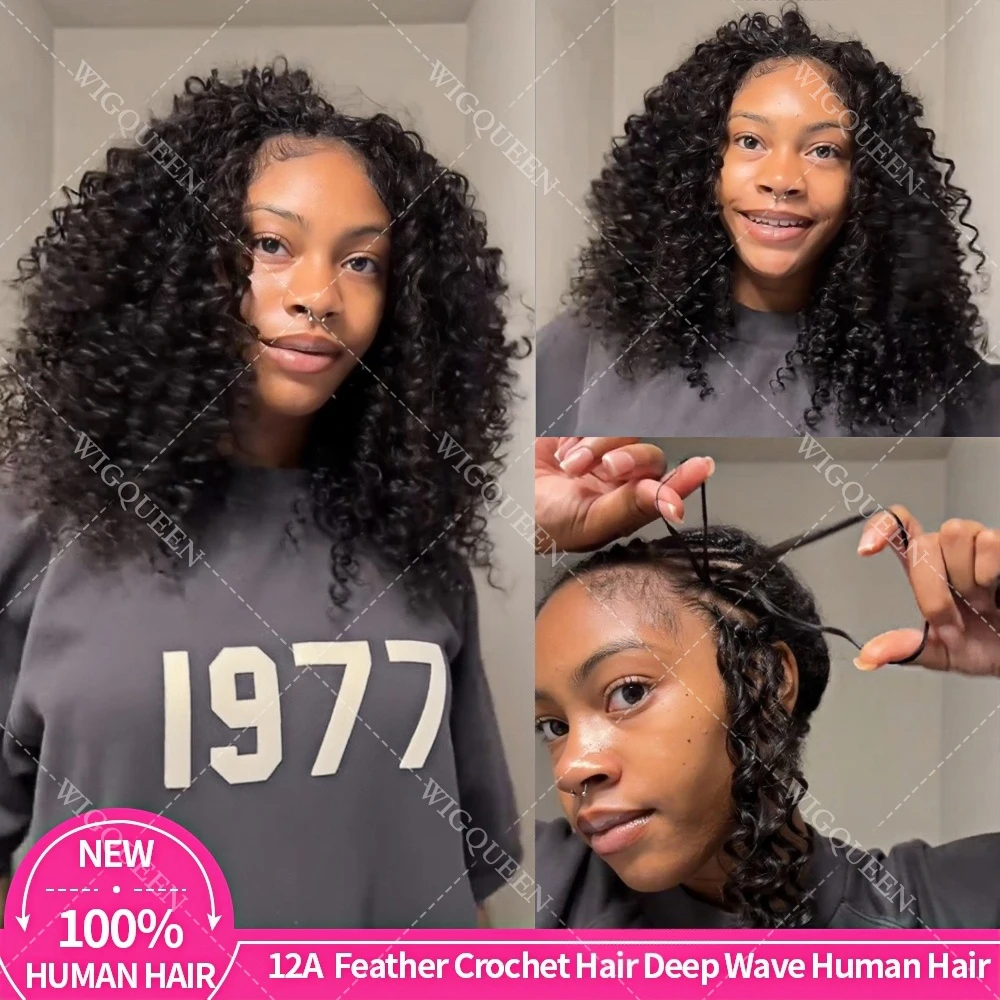 

12A Deep Wave Crochet Human Hair 60g Feather Line Invisible Knotless Water Ocean Wave Crochet Hair For Extensions Braiding Hair