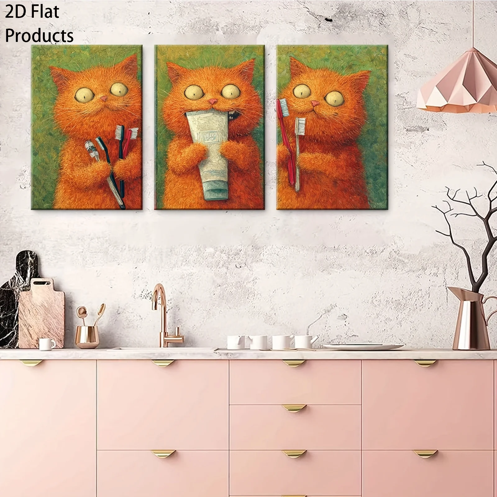 2D plat, impression sur toile plate 2D 3 pièces, style abstrait vintage artistique, un chat orange mignon tenant un tube de dentifrice et séve