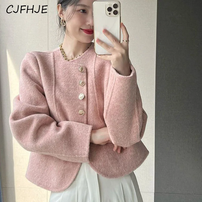 CJFHJE Pink Faux Woolen Coat Women Korean Fashion Designed Button Loose Cropped Tops Female Casual Streetwear Blended Jacket New