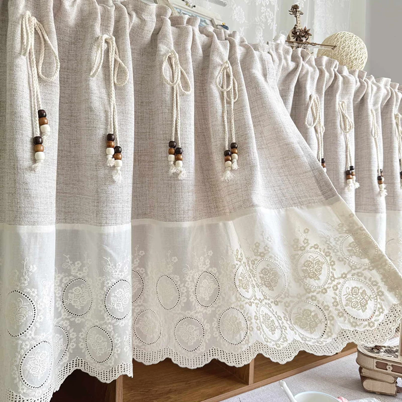 

Bohemian Imitation Hemp Splicing Flower Embroidery Short Cloth Curtain Wooden Beads Tassel Cafe Curtain For Kitchen Living Room