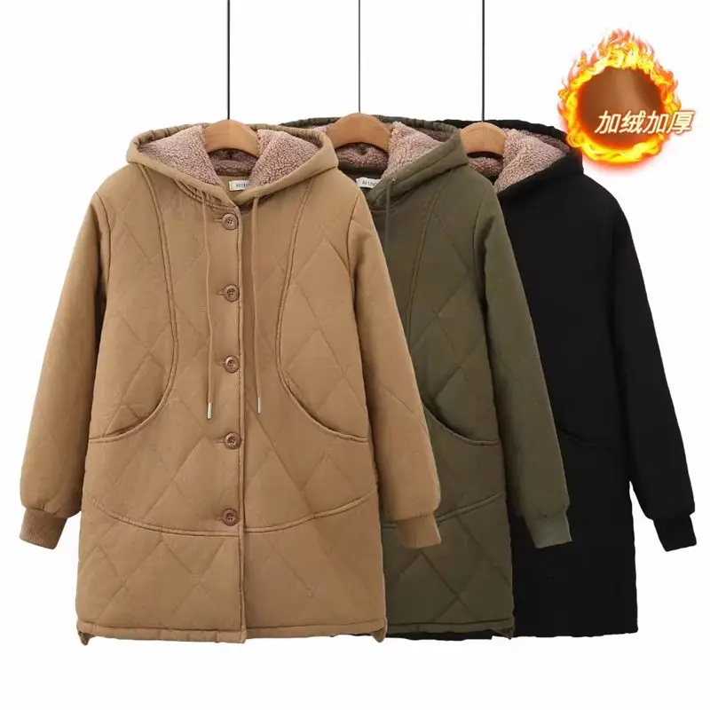 

Oversized Winter Coat Korean Medium Length Plush Cotton Jacket Thick Hooded Single Breasted Loose Warm Top Overcoat Abrigo Z3761