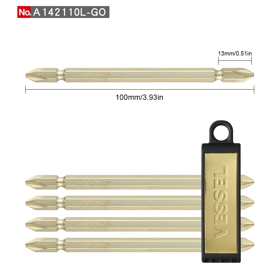 VESSEL 5Pcs 100mm PH2 Double Head Gold Screwdriver Bit Set for Phillips Screws Magnetic Drill Bit Hand Tools NO.A142110L-GO