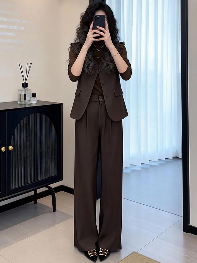 

Faionable Loose Wide Leg Pants Set Women's Spring 2026 Long Sve V-Ne Top And High Waist Pants Two-Piece Ensemble