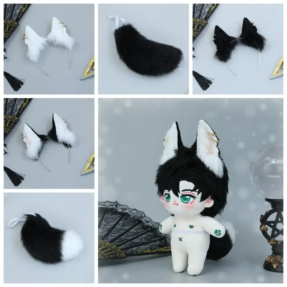 

Headwear 20cm Plush Doll Headwear Ear Cat Wolf Ears Black White Idol Doll Headwear Cat Ear Tails Soft Headwear for Cotton Doll