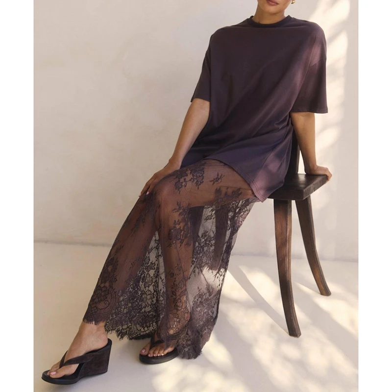 Combhasaki Womens Crew Neck Short Sleeve Summer Casual Loose Fit Y2k Sheer Floral Lace Patchwork Straight Maxi Long Shirt Dress