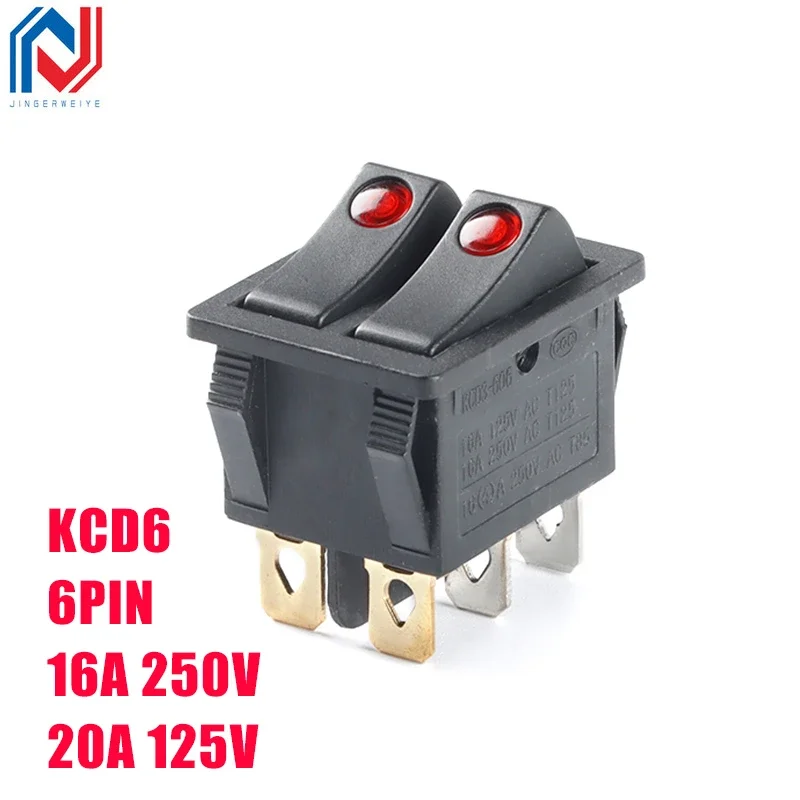 1Pcs/lot KCD6 6PIN 16A 250V 20A 125V Double Light Switch Rocker Switch ON-OFF KCD6  Button Lights Boat Power Switch