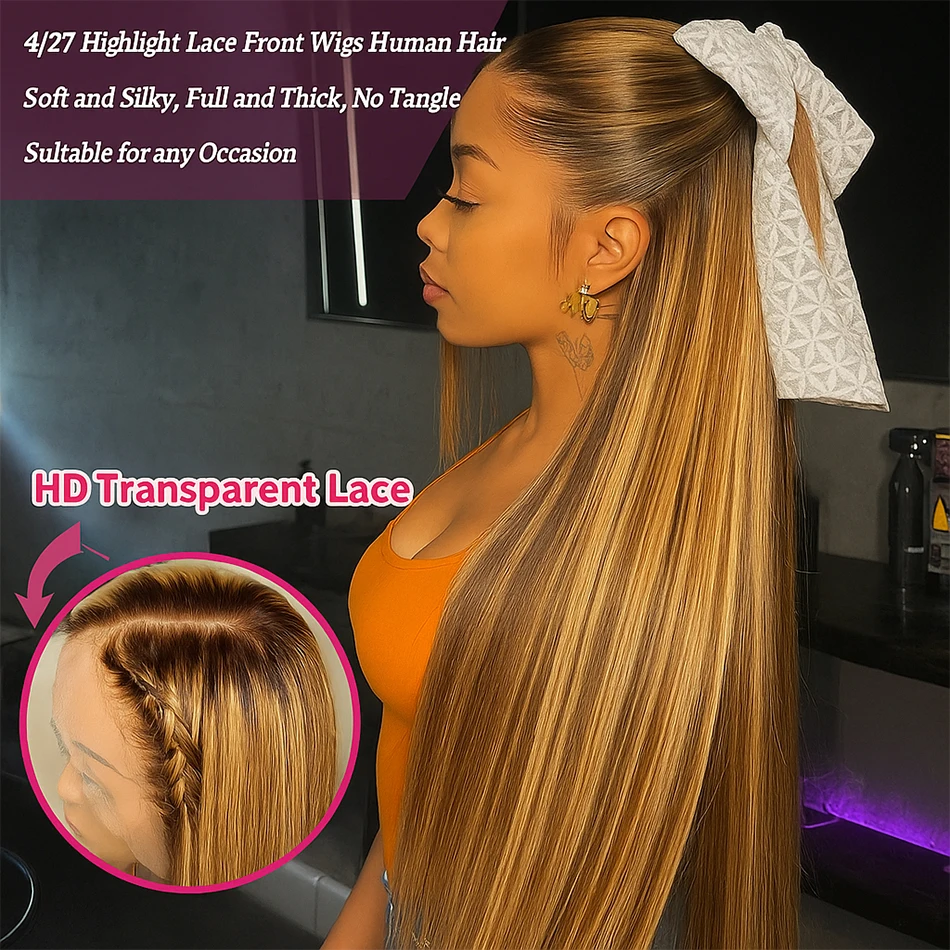 

4/27 Highlight Wig Human Hair Bone Straight 13x4 HD Прозрачные кружевные фронтальные парики Бразильский цветной парик фронта шнурка для женщин