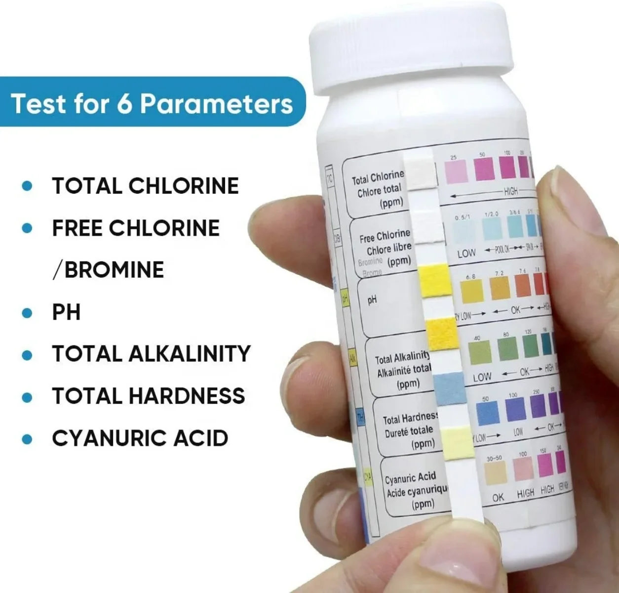 

6 in 1 Water test strip for pool water quality checking with 50 strips detecting cyanuric acid